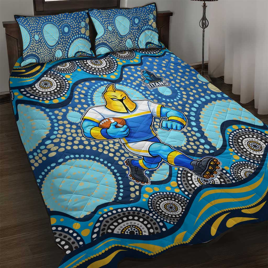 Gold Coast Titans Quilt Bed Set Aboriginal Dot Pattern - Rugby Mascot Heritage Pride