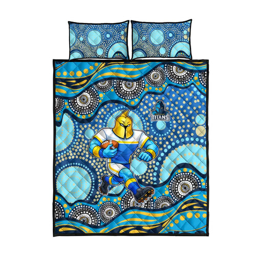 Gold Coast Titans Quilt Bed Set Aboriginal Dot Pattern - Rugby Mascot Heritage Pride
