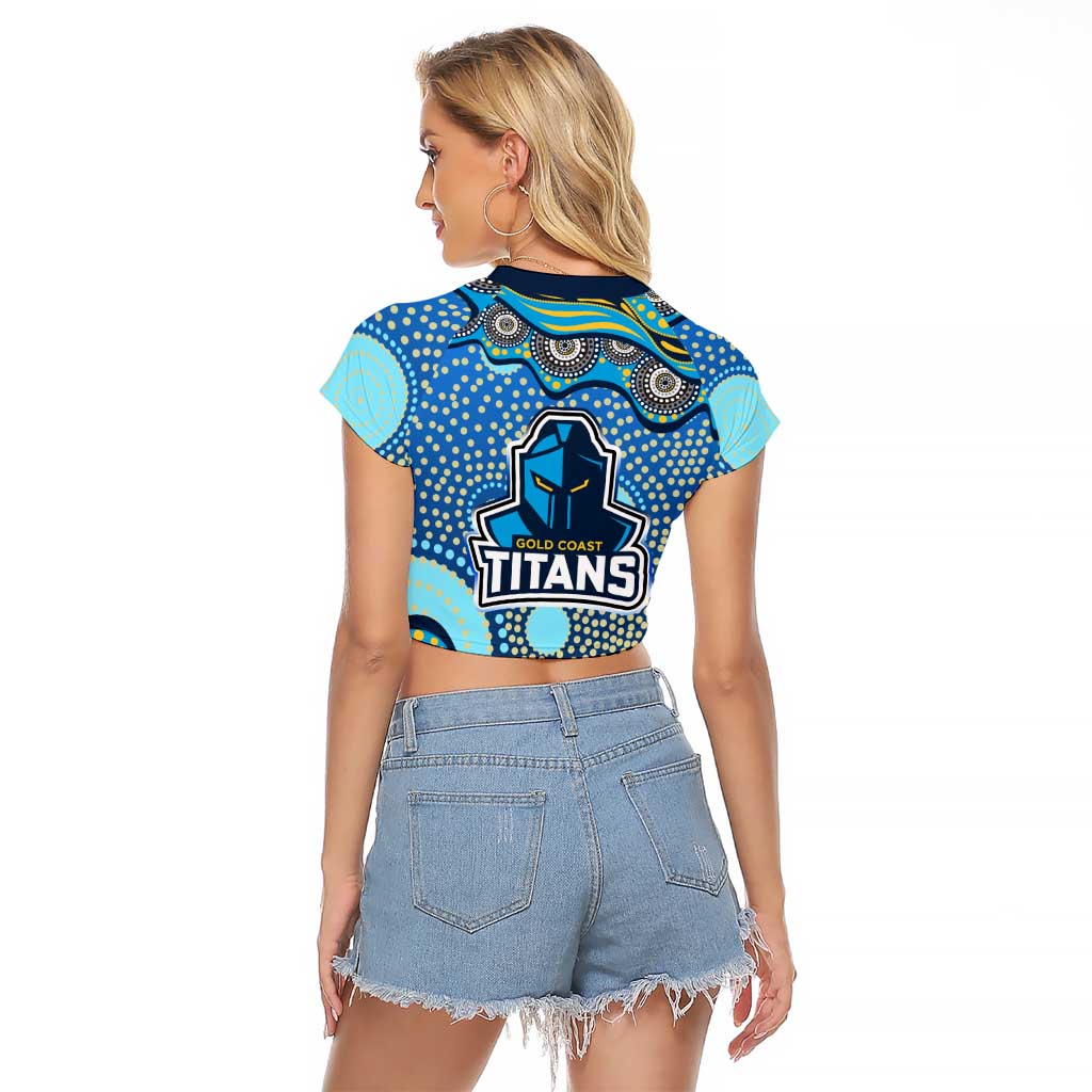 Gold Coast Titans Raglan Cropped T Shirt Aboriginal Dot Pattern - Rugby Mascot Heritage Pride