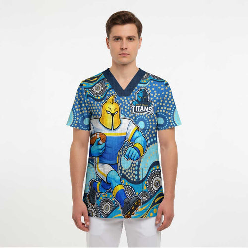 Gold Coast Titans Scrub Top Aboriginal Dot Pattern - Rugby Mascot Heritage Pride