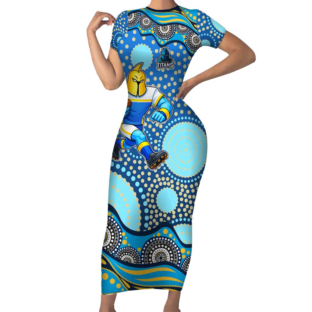 Gold Coast Titans Short Sleeve Bodycon Dress Aboriginal Dot Pattern - Rugby Mascot Heritage Pride