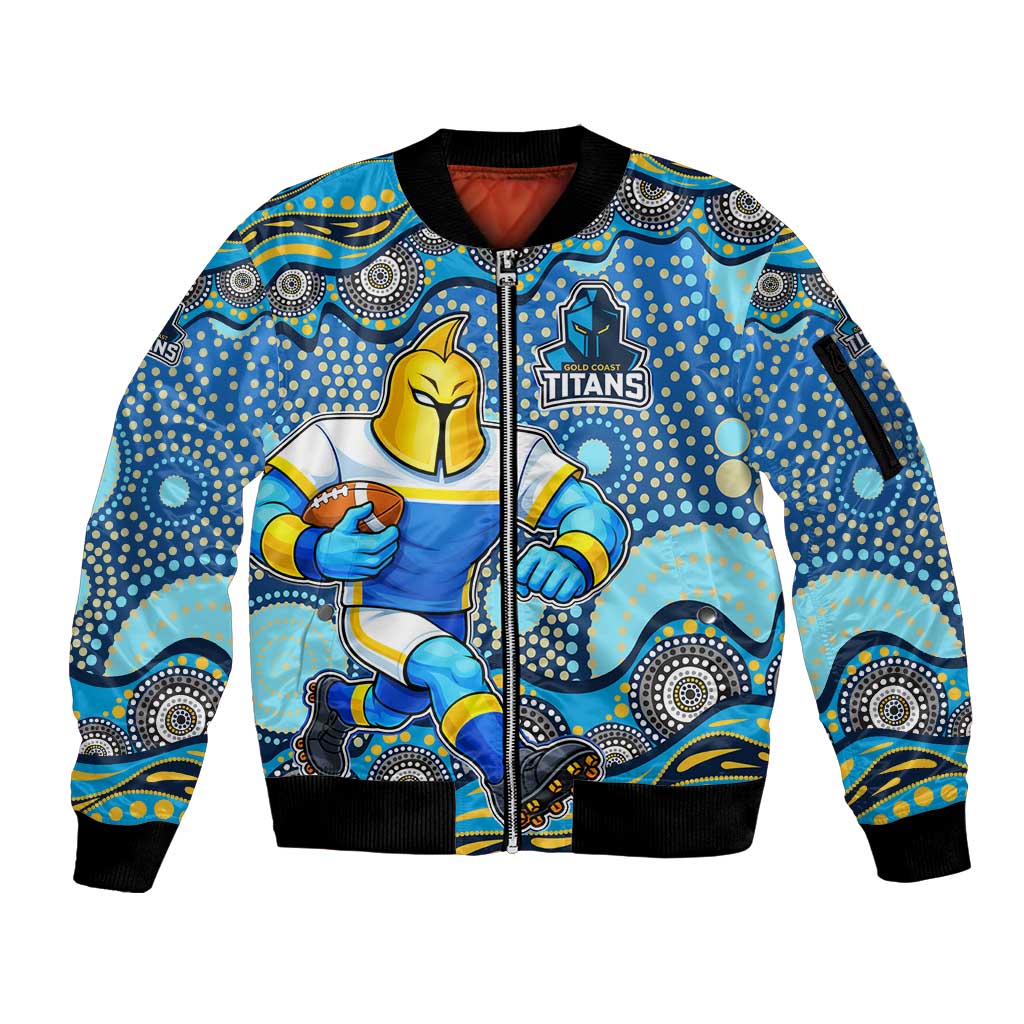 Gold Coast Titans Sleeve Zip Bomber Jacket Aboriginal Dot Pattern - Rugby Mascot Heritage Pride