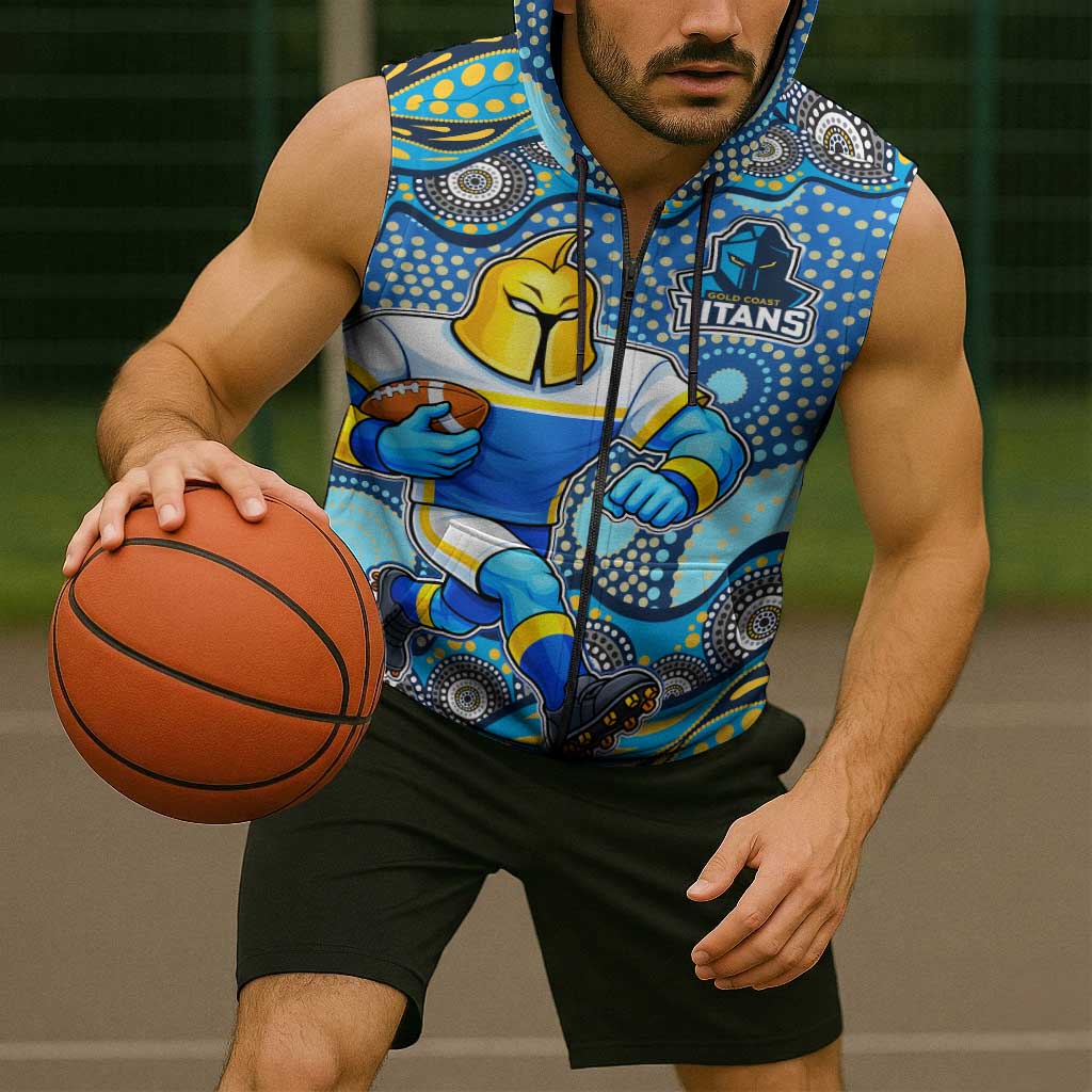 Gold Coast Titans Sleeveless Zip Hoodie Aboriginal Dot Pattern - Rugby Mascot Heritage Pride
