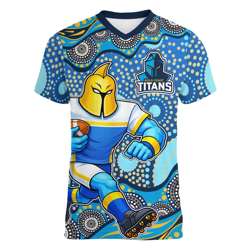 Gold Coast Titans Women V-Neck T-Shirt Aboriginal Dot Pattern - Rugby Mascot Heritage Pride