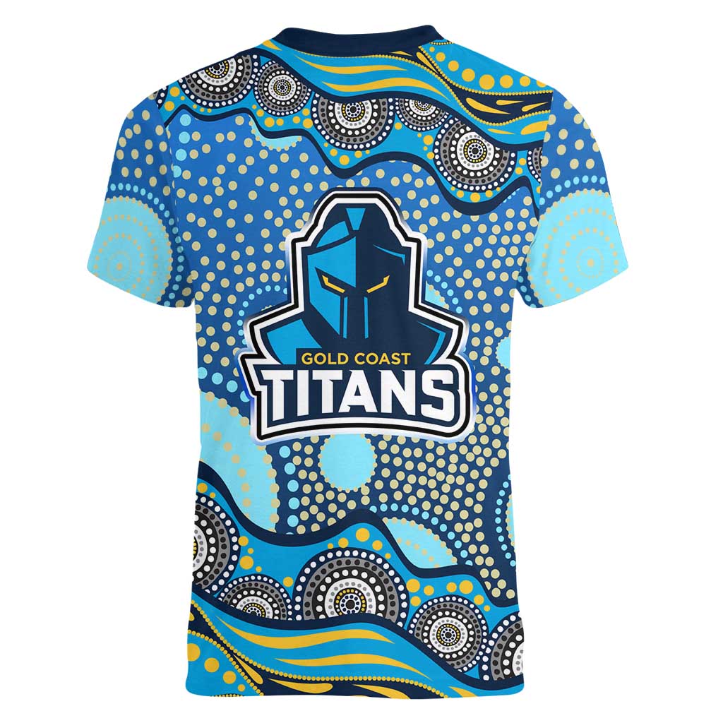 Gold Coast Titans Women V-Neck T-Shirt Aboriginal Dot Pattern - Rugby Mascot Heritage Pride