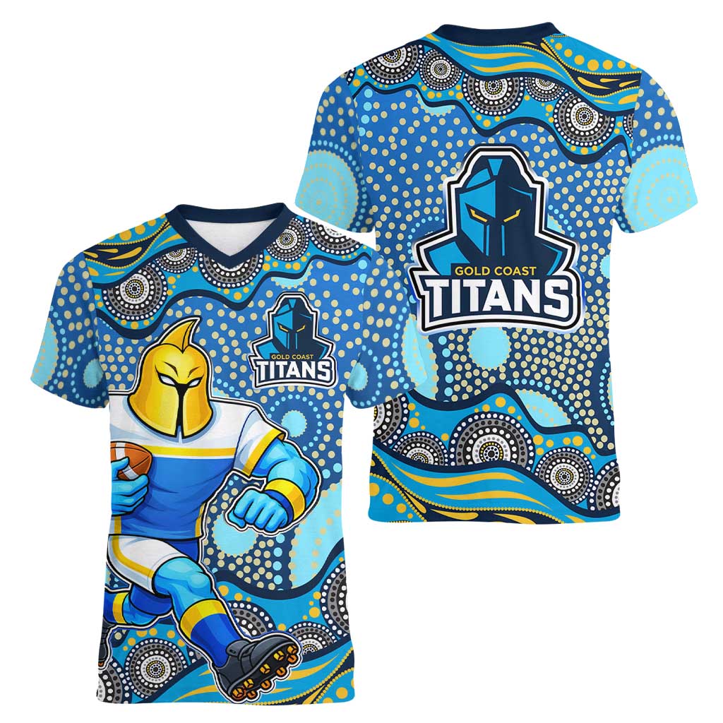 Gold Coast Titans Women V-Neck T-Shirt Aboriginal Dot Pattern - Rugby Mascot Heritage Pride