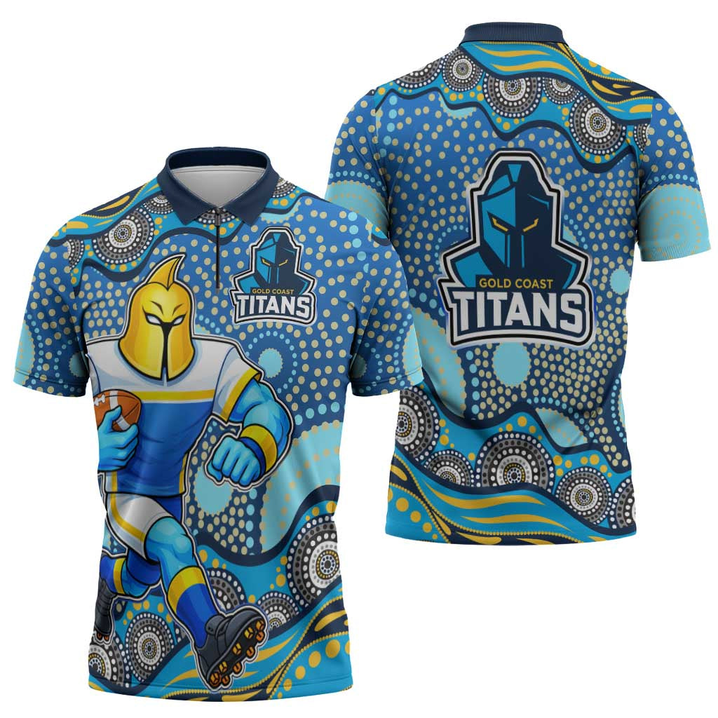 Gold Coast Titans Zipper Polo Shirt Aboriginal Dot Pattern - Rugby Mascot Heritage Pride