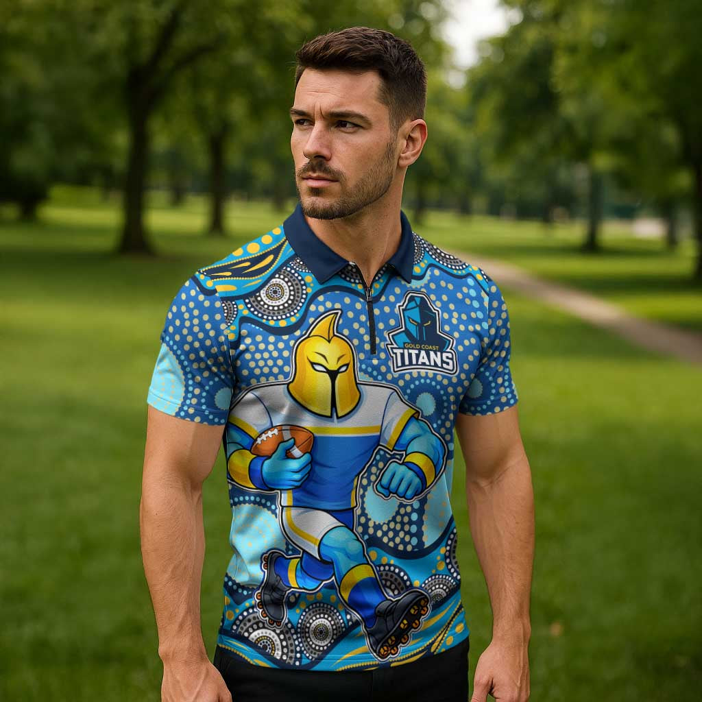 Gold Coast Titans Zipper Polo Shirt Aboriginal Dot Pattern - Rugby Mascot Heritage Pride