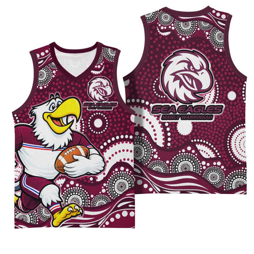 Manly Warringah Sea Eagles Basketball Jersey Aboriginal Dot Pattern - Rugby Mascot Heritage Pride