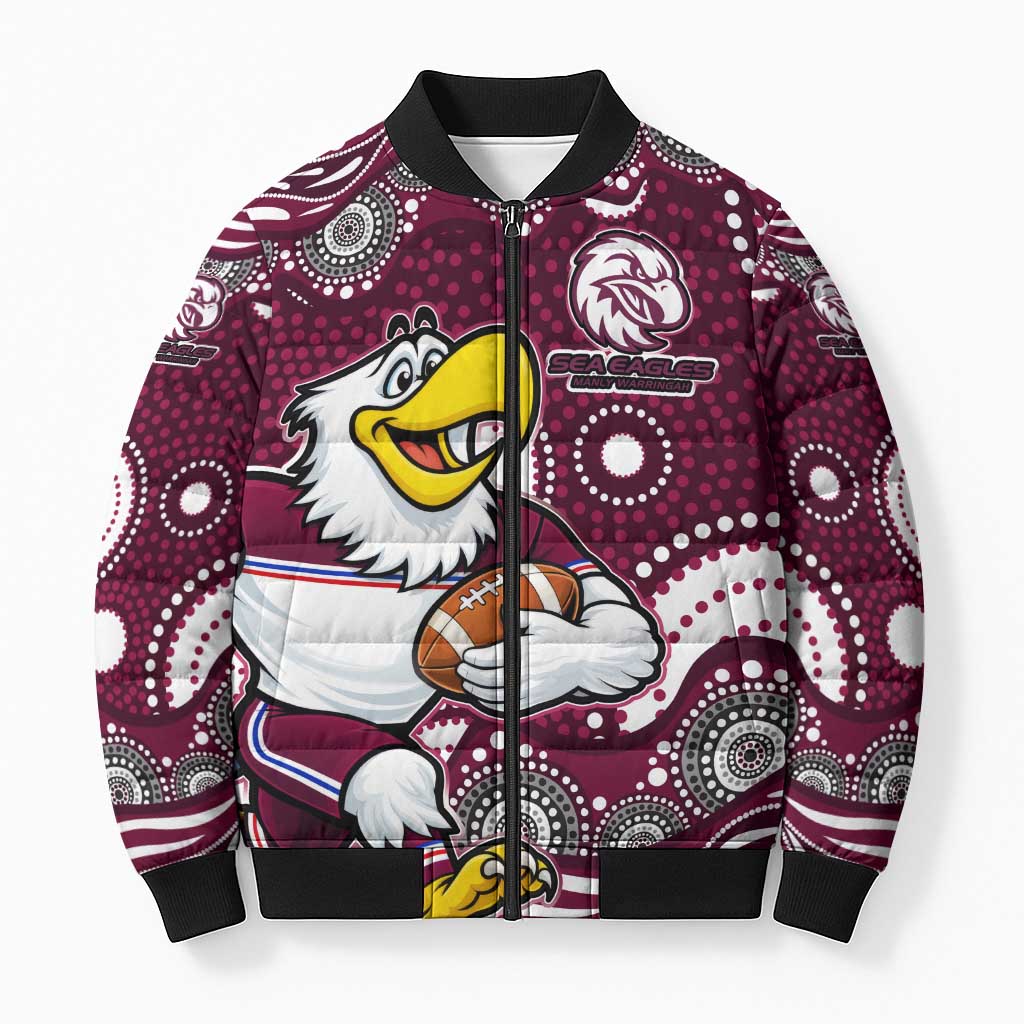 Manly Warringah Sea Eagles Bomber Puffer Jacket Aboriginal Dot Pattern - Rugby Mascot Heritage Pride
