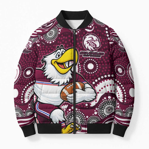 Manly Warringah Sea Eagles Bomber Puffer Jacket Aboriginal Dot Pattern - Rugby Mascot Heritage Pride
