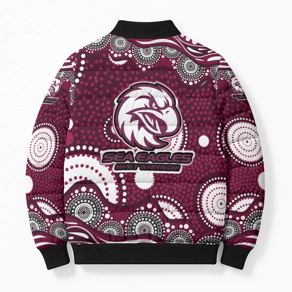 Manly Warringah Sea Eagles Bomber Puffer Jacket Aboriginal Dot Pattern - Rugby Mascot Heritage Pride