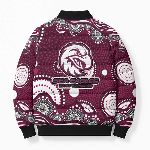 Manly Warringah Sea Eagles Bomber Puffer Jacket Aboriginal Dot Pattern - Rugby Mascot Heritage Pride
