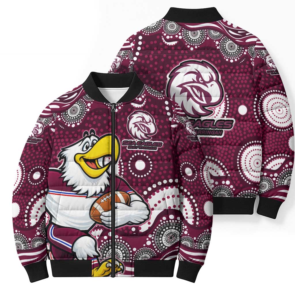 Manly Warringah Sea Eagles Bomber Puffer Jacket Aboriginal Dot Pattern - Rugby Mascot Heritage Pride