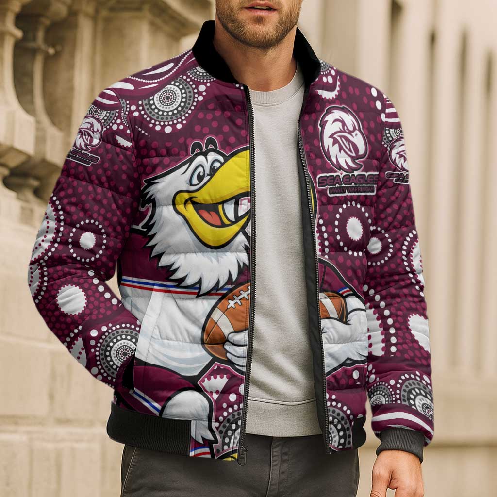 Manly Warringah Sea Eagles Bomber Puffer Jacket Aboriginal Dot Pattern - Rugby Mascot Heritage Pride