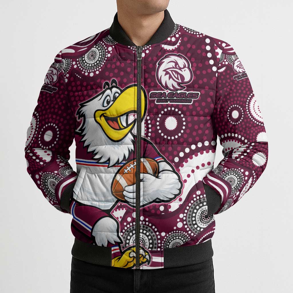 Manly Warringah Sea Eagles Bomber Puffer Jacket Aboriginal Dot Pattern - Rugby Mascot Heritage Pride
