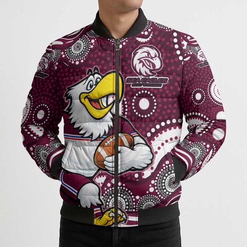 Manly Warringah Sea Eagles Bomber Puffer Jacket Aboriginal Dot Pattern - Rugby Mascot Heritage Pride