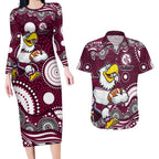 Manly Warringah Sea Eagles Couples Matching Long Sleeve Bodycon Dress and Hawaiian Shirt Aboriginal Dot Pattern - Rugby Mascot Heritage Pride