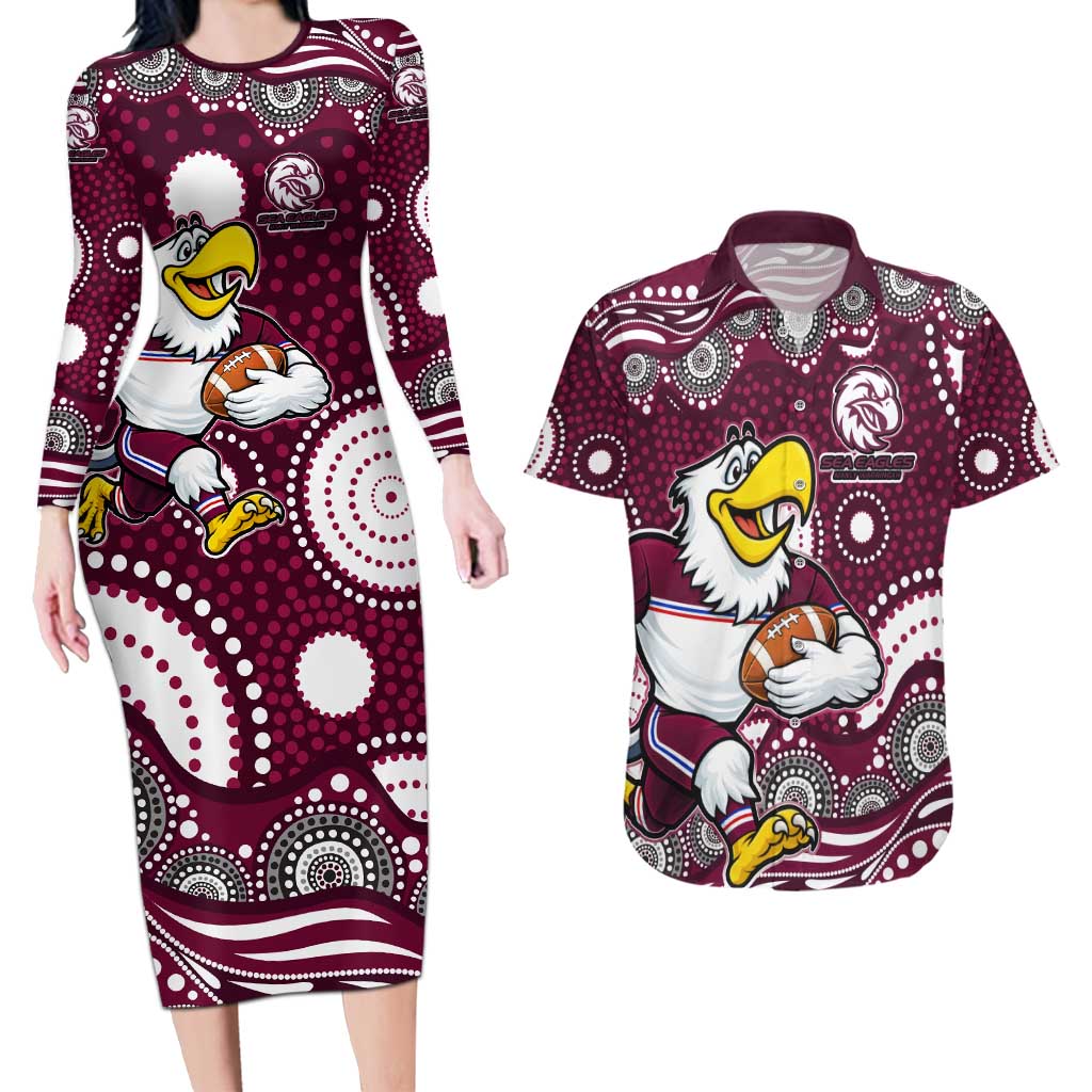 Manly Warringah Sea Eagles Couples Matching Long Sleeve Bodycon Dress and Hawaiian Shirt Aboriginal Dot Pattern - Rugby Mascot Heritage Pride