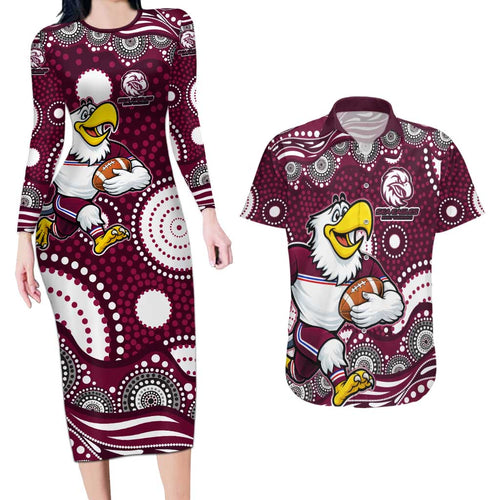 Manly Warringah Sea Eagles Couples Matching Long Sleeve Bodycon Dress and Hawaiian Shirt Aboriginal Dot Pattern - Rugby Mascot Heritage Pride