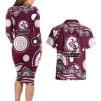 Manly Warringah Sea Eagles Couples Matching Long Sleeve Bodycon Dress and Hawaiian Shirt Aboriginal Dot Pattern - Rugby Mascot Heritage Pride