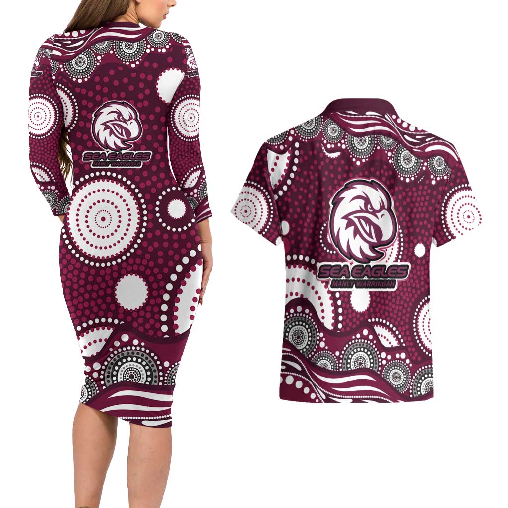 Manly Warringah Sea Eagles Couples Matching Long Sleeve Bodycon Dress and Hawaiian Shirt Aboriginal Dot Pattern - Rugby Mascot Heritage Pride