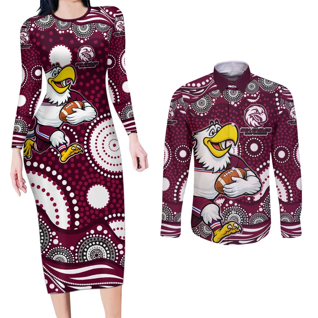 Manly Warringah Sea Eagles Couples Matching Long Sleeve Bodycon Dress and Long Sleeve Button Shirt Aboriginal Dot Pattern - Rugby Mascot Heritage Pride