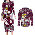 Manly Warringah Sea Eagles Couples Matching Long Sleeve Bodycon Dress and Long Sleeve Button Shirt Aboriginal Dot Pattern - Rugby Mascot Heritage Pride