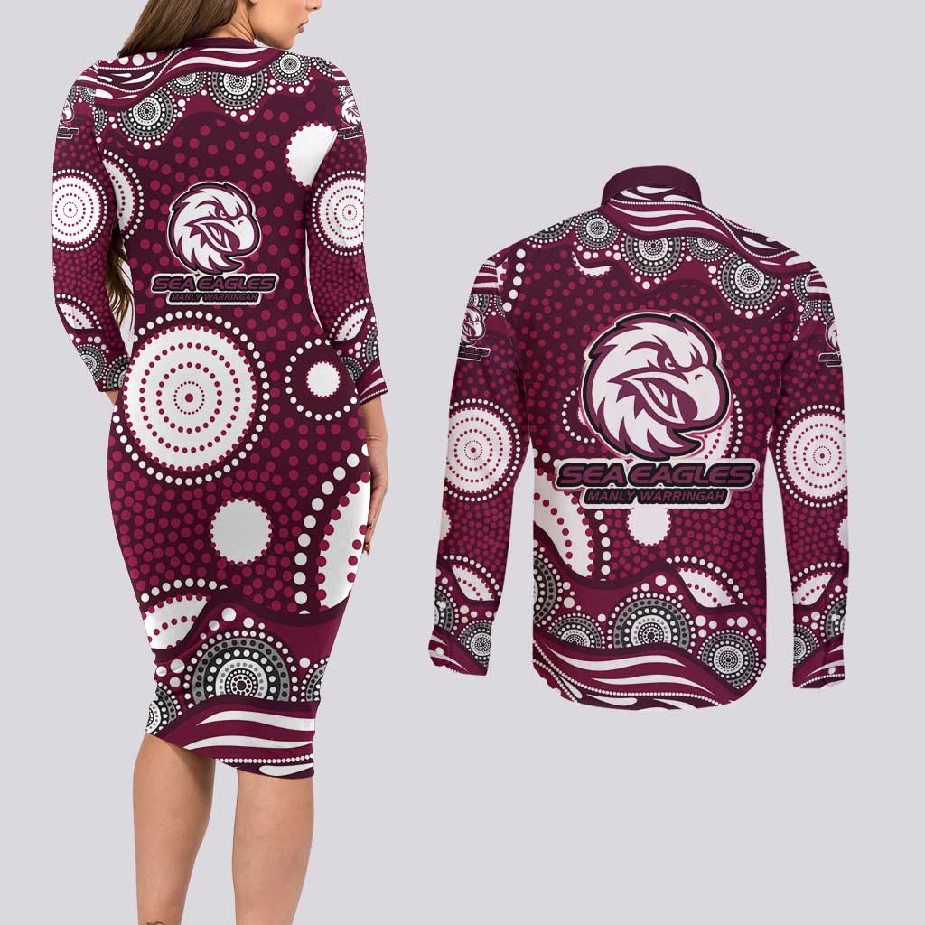 Manly Warringah Sea Eagles Couples Matching Long Sleeve Bodycon Dress and Long Sleeve Button Shirt Aboriginal Dot Pattern - Rugby Mascot Heritage Pride