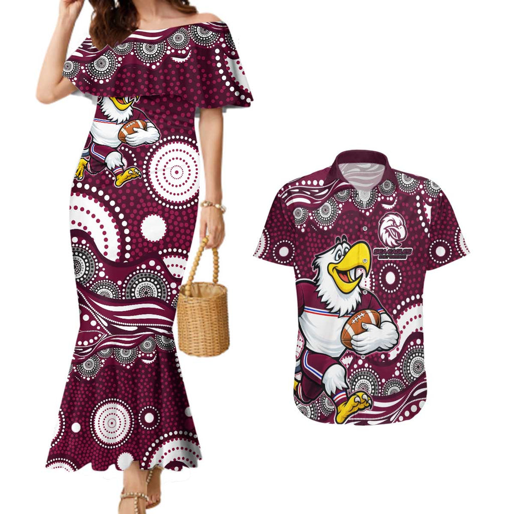 Manly Warringah Sea Eagles Couples Matching Mermaid Dress and Hawaiian Shirt Aboriginal Dot Pattern - Rugby Mascot Heritage Pride