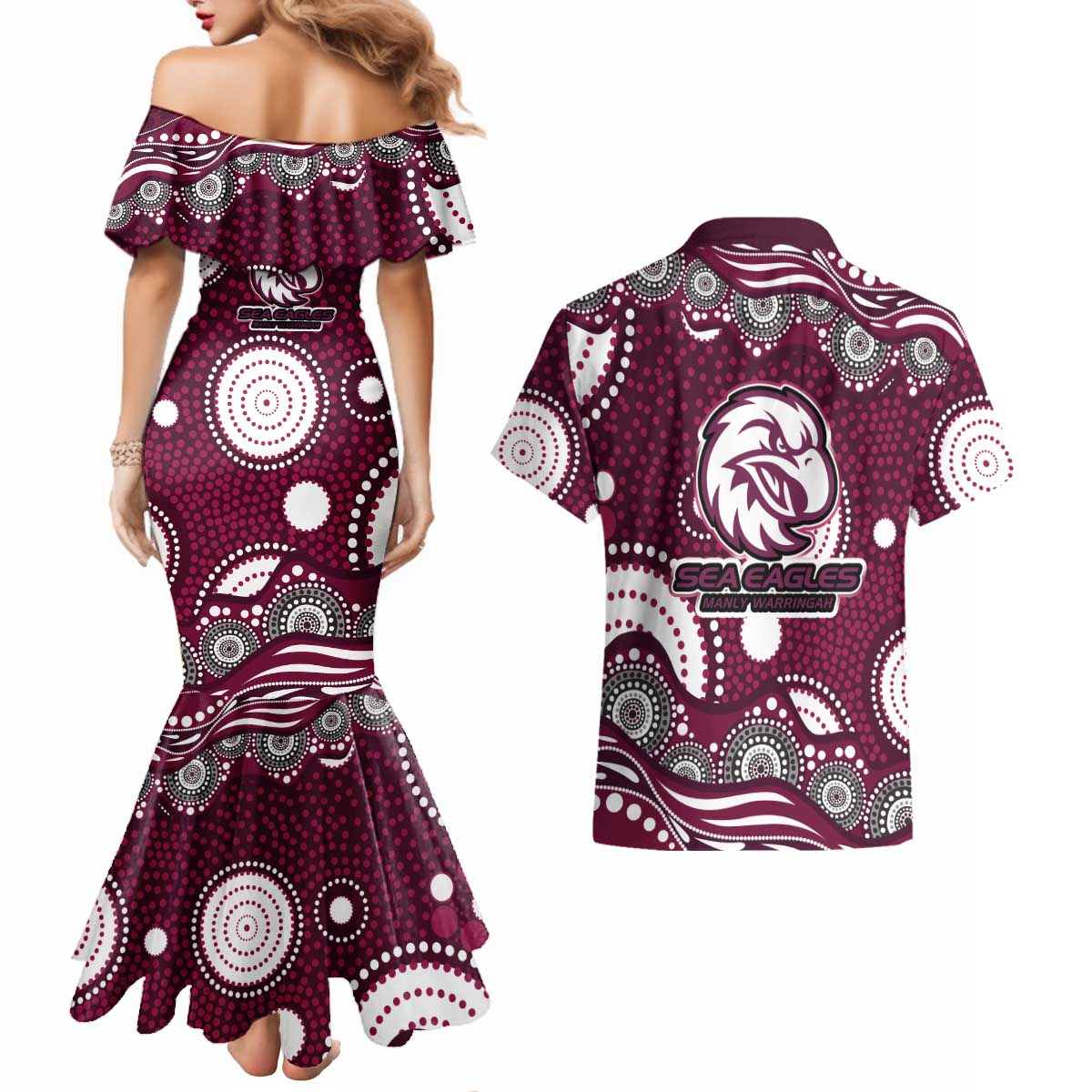 Manly Warringah Sea Eagles Couples Matching Mermaid Dress and Hawaiian Shirt Aboriginal Dot Pattern - Rugby Mascot Heritage Pride