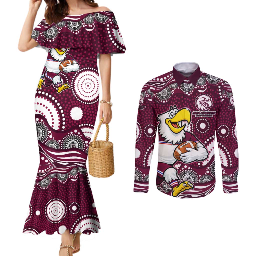 Manly Warringah Sea Eagles Couples Matching Mermaid Dress and Long Sleeve Button Shirt Aboriginal Dot Pattern - Rugby Mascot Heritage Pride