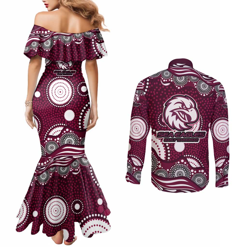 Manly Warringah Sea Eagles Couples Matching Mermaid Dress and Long Sleeve Button Shirt Aboriginal Dot Pattern - Rugby Mascot Heritage Pride