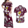 Manly Warringah Sea Eagles Couples Matching Off Shoulder Maxi Dress and Hawaiian Shirt Aboriginal Dot Pattern - Rugby Mascot Heritage Pride
