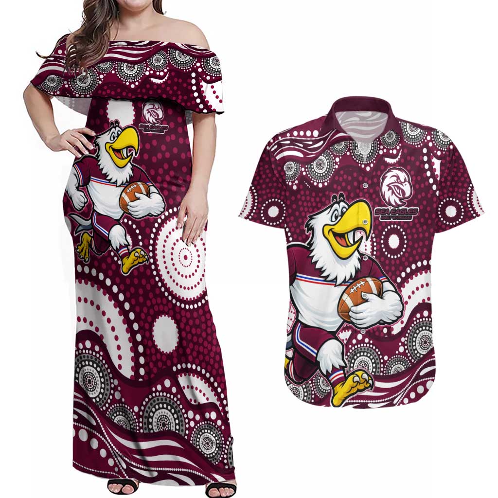 Manly Warringah Sea Eagles Couples Matching Off Shoulder Maxi Dress and Hawaiian Shirt Aboriginal Dot Pattern - Rugby Mascot Heritage Pride