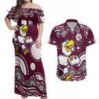 Manly Warringah Sea Eagles Couples Matching Off Shoulder Maxi Dress and Hawaiian Shirt Aboriginal Dot Pattern - Rugby Mascot Heritage Pride