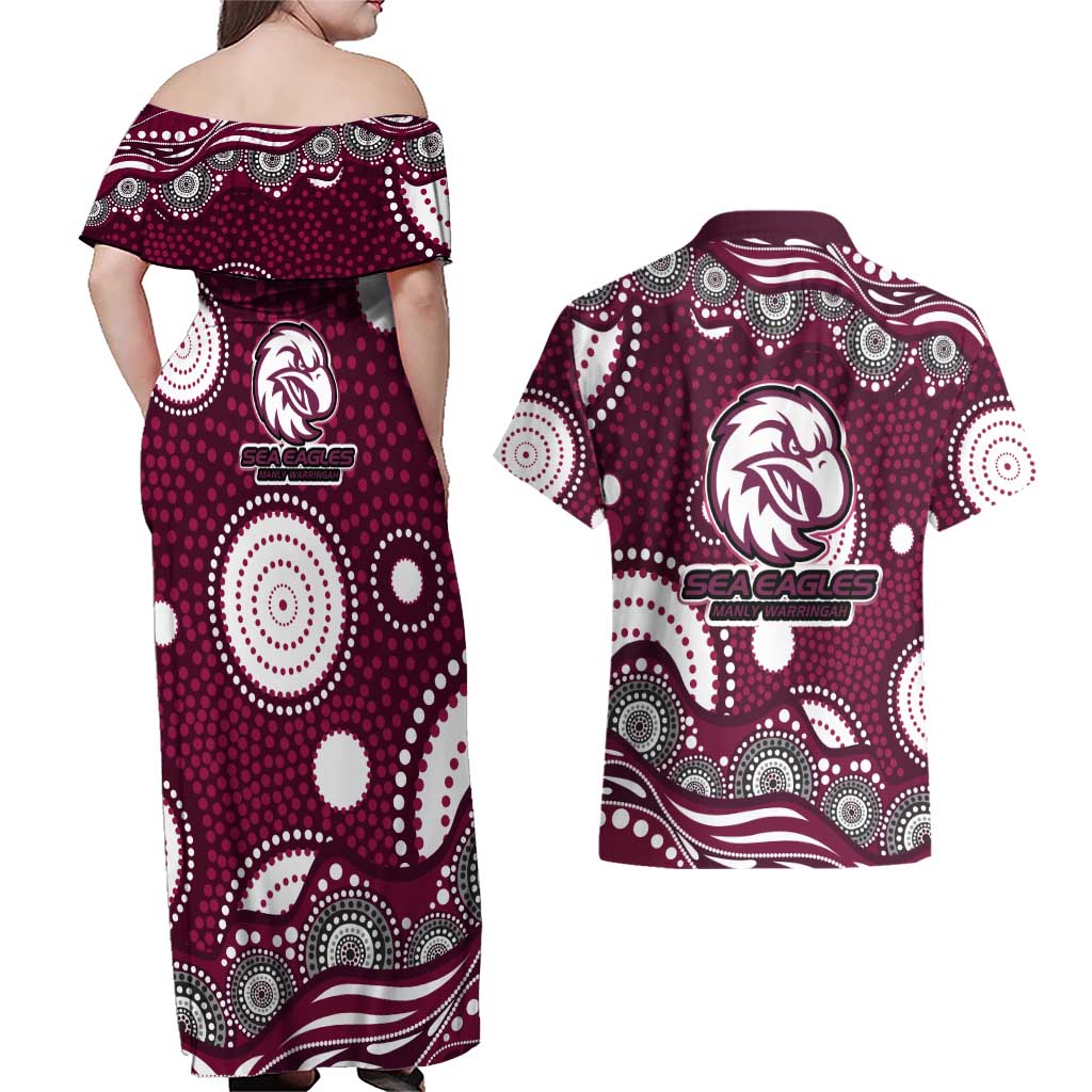 Manly Warringah Sea Eagles Couples Matching Off Shoulder Maxi Dress and Hawaiian Shirt Aboriginal Dot Pattern - Rugby Mascot Heritage Pride
