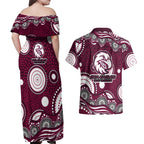 Manly Warringah Sea Eagles Couples Matching Off Shoulder Maxi Dress and Hawaiian Shirt Aboriginal Dot Pattern - Rugby Mascot Heritage Pride