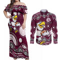 Manly Warringah Sea Eagles Couples Matching Off Shoulder Maxi Dress and Long Sleeve Button Shirt Aboriginal Dot Pattern - Rugby Mascot Heritage Pride