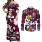 Manly Warringah Sea Eagles Couples Matching Off Shoulder Maxi Dress and Long Sleeve Button Shirt Aboriginal Dot Pattern - Rugby Mascot Heritage Pride