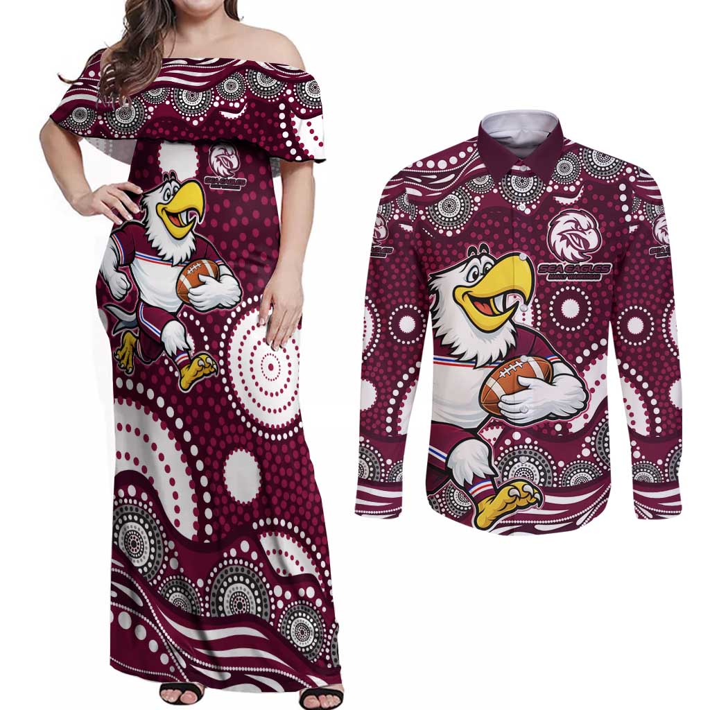 Manly Warringah Sea Eagles Couples Matching Off Shoulder Maxi Dress and Long Sleeve Button Shirt Aboriginal Dot Pattern - Rugby Mascot Heritage Pride