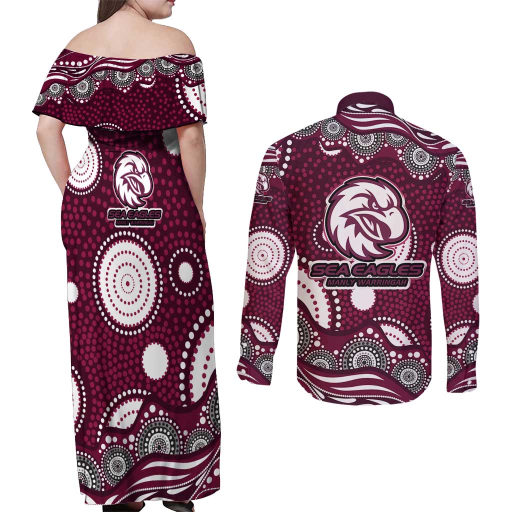 Manly Warringah Sea Eagles Couples Matching Off Shoulder Maxi Dress and Long Sleeve Button Shirt Aboriginal Dot Pattern - Rugby Mascot Heritage Pride