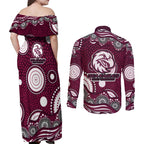 Manly Warringah Sea Eagles Couples Matching Off Shoulder Maxi Dress and Long Sleeve Button Shirt Aboriginal Dot Pattern - Rugby Mascot Heritage Pride