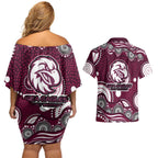 Manly Warringah Sea Eagles Couples Matching Off Shoulder Short Dress and Hawaiian Shirt Aboriginal Dot Pattern - Rugby Mascot Heritage Pride