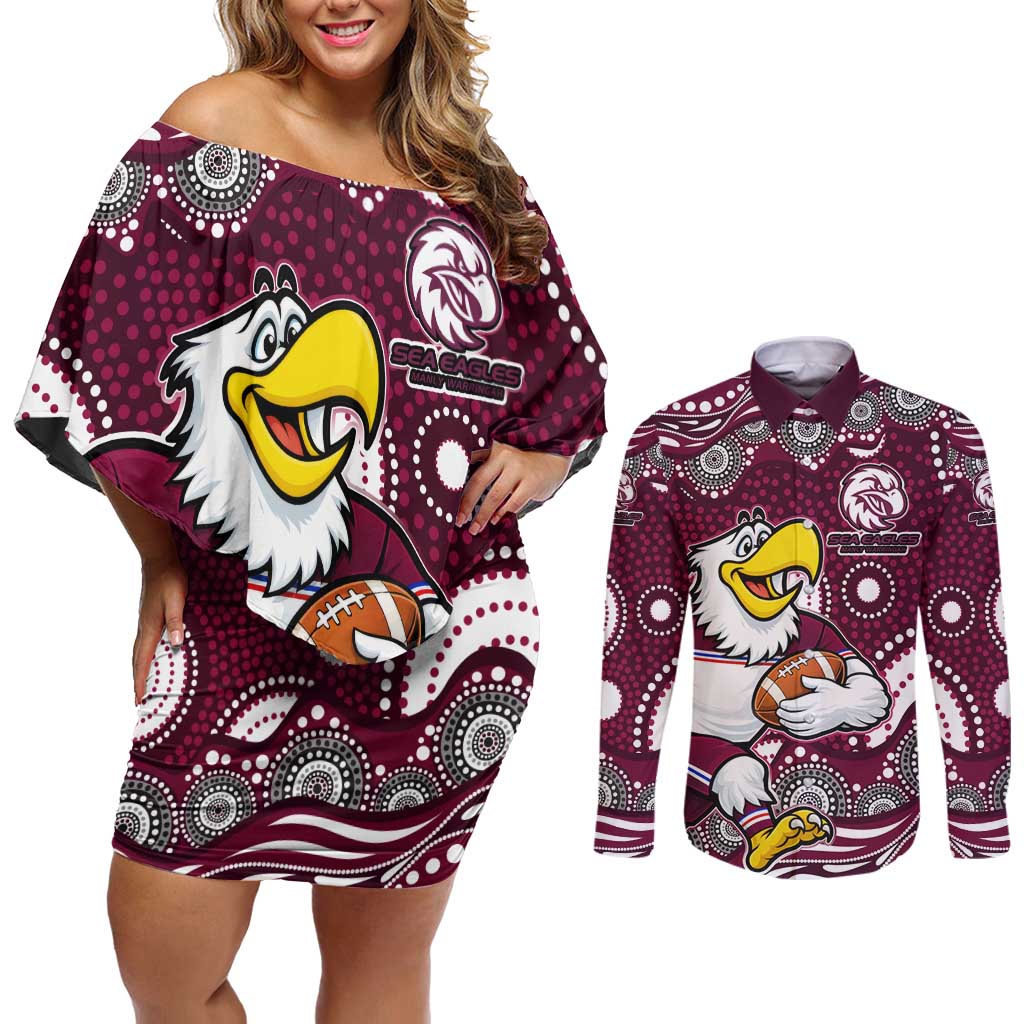 Manly Warringah Sea Eagles Couples Matching Off Shoulder Short Dress and Long Sleeve Button Shirt Aboriginal Dot Pattern - Rugby Mascot Heritage Pride