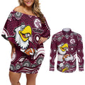 Manly Warringah Sea Eagles Couples Matching Off Shoulder Short Dress and Long Sleeve Button Shirt Aboriginal Dot Pattern - Rugby Mascot Heritage Pride