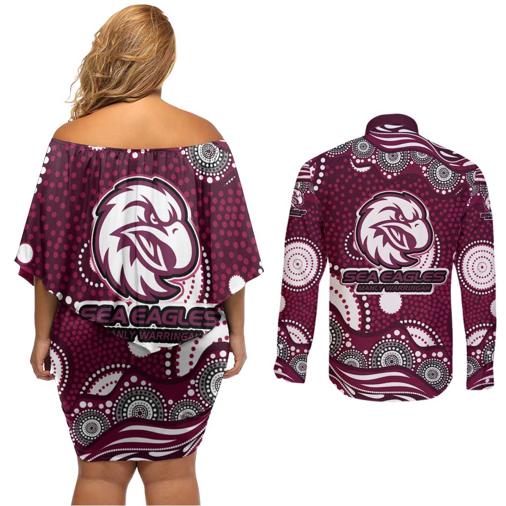 Manly Warringah Sea Eagles Couples Matching Off Shoulder Short Dress and Long Sleeve Button Shirt Aboriginal Dot Pattern - Rugby Mascot Heritage Pride