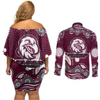 Manly Warringah Sea Eagles Couples Matching Off Shoulder Short Dress and Long Sleeve Button Shirt Aboriginal Dot Pattern - Rugby Mascot Heritage Pride