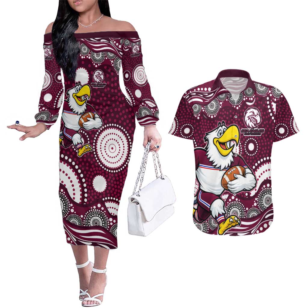Manly Warringah Sea Eagles Couples Matching Off The Shoulder Long Sleeve Dress and Hawaiian Shirt Aboriginal Dot Pattern - Rugby Mascot Heritage Pride