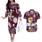 Manly Warringah Sea Eagles Couples Matching Off The Shoulder Long Sleeve Dress and Hawaiian Shirt Aboriginal Dot Pattern - Rugby Mascot Heritage Pride